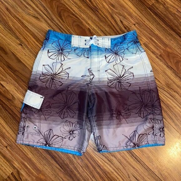 3 for $25 Joe Boxer Swim Trunks Floral Brown, White, & Blue - Picture 1 of 9